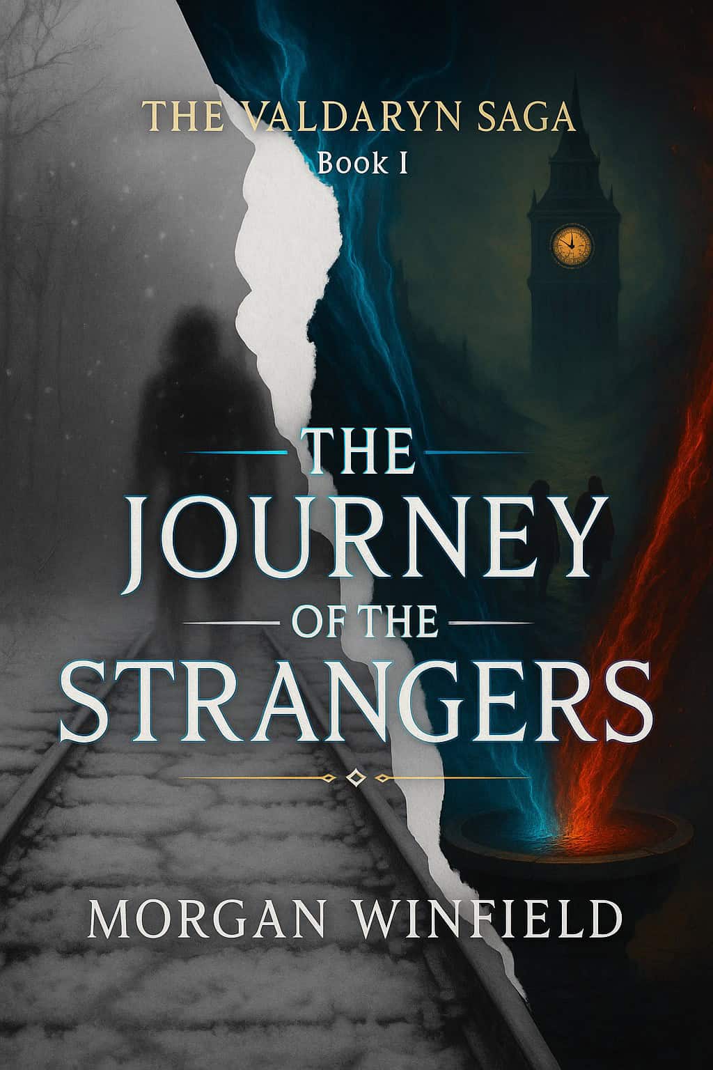 Cover of The Journey of the Strangers by Morgan Winfield, showing a torn world between shadow and flame.